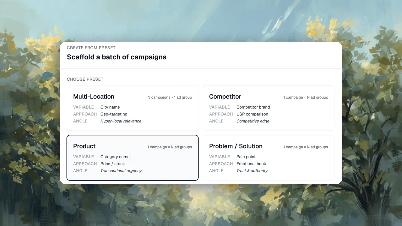 The 30characters campaign builder generating a complete Google Ads campaign from a client's website