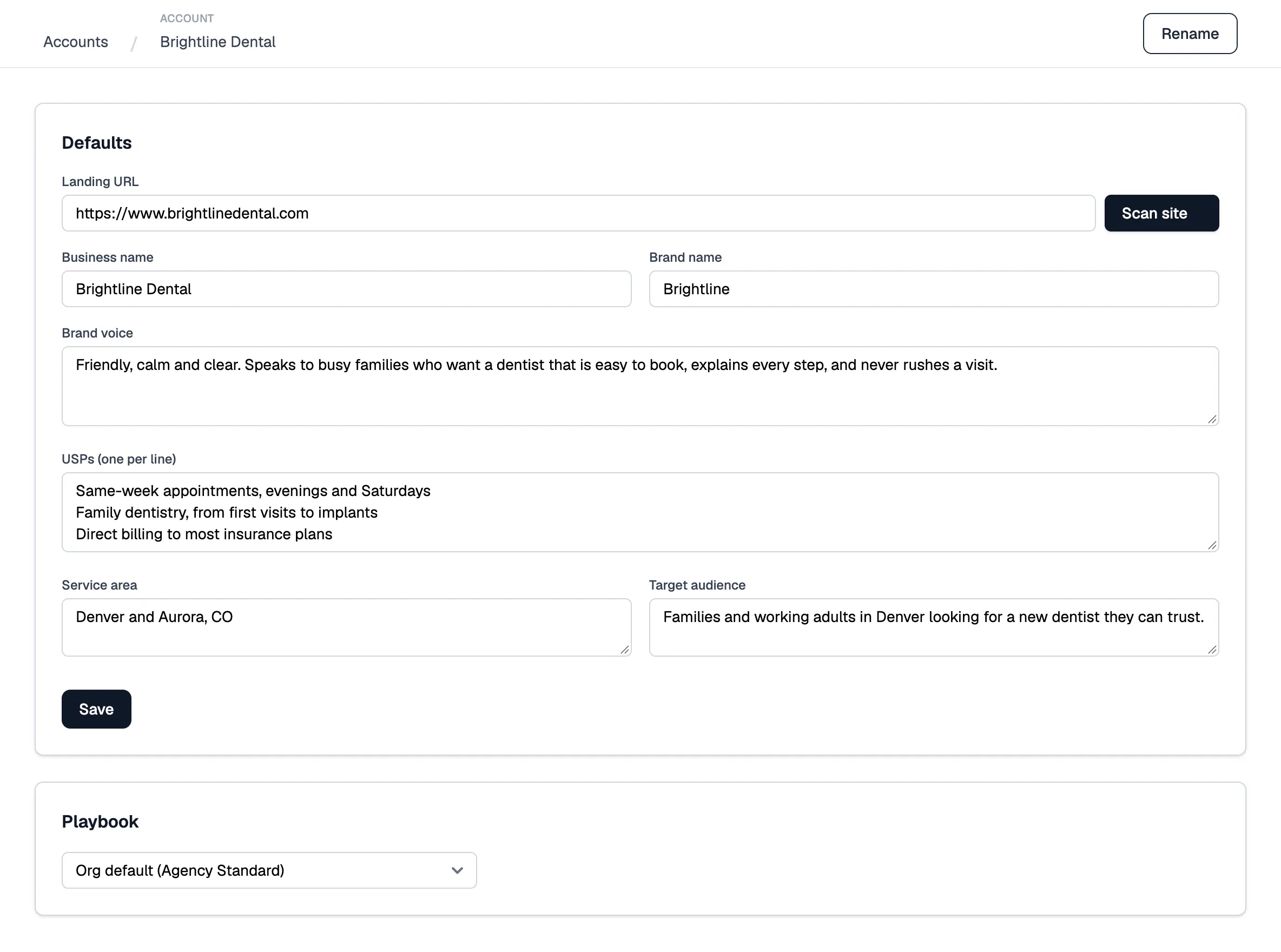 An account page with the saved brief and Playbook
