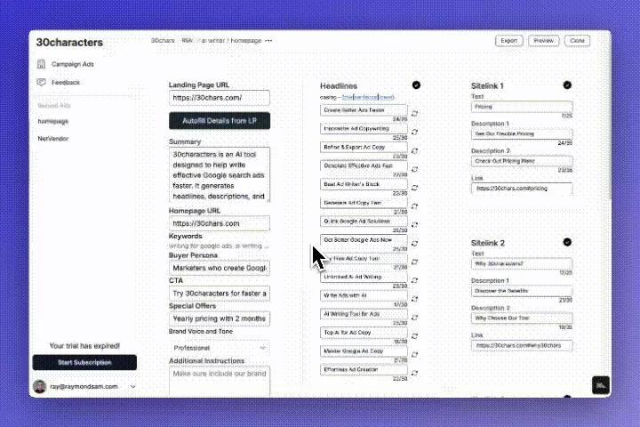 30characters ad preview feature