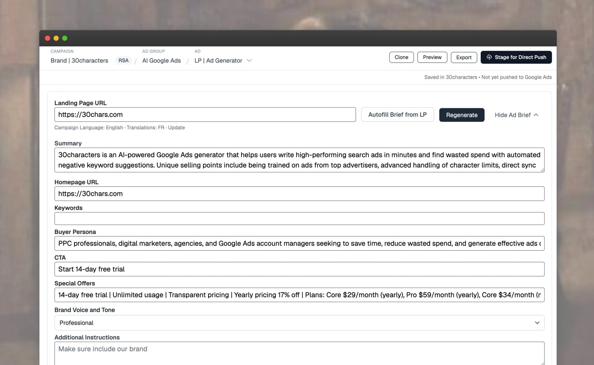 The 30characters ad generator editor with headlines, descriptions and sitelinks