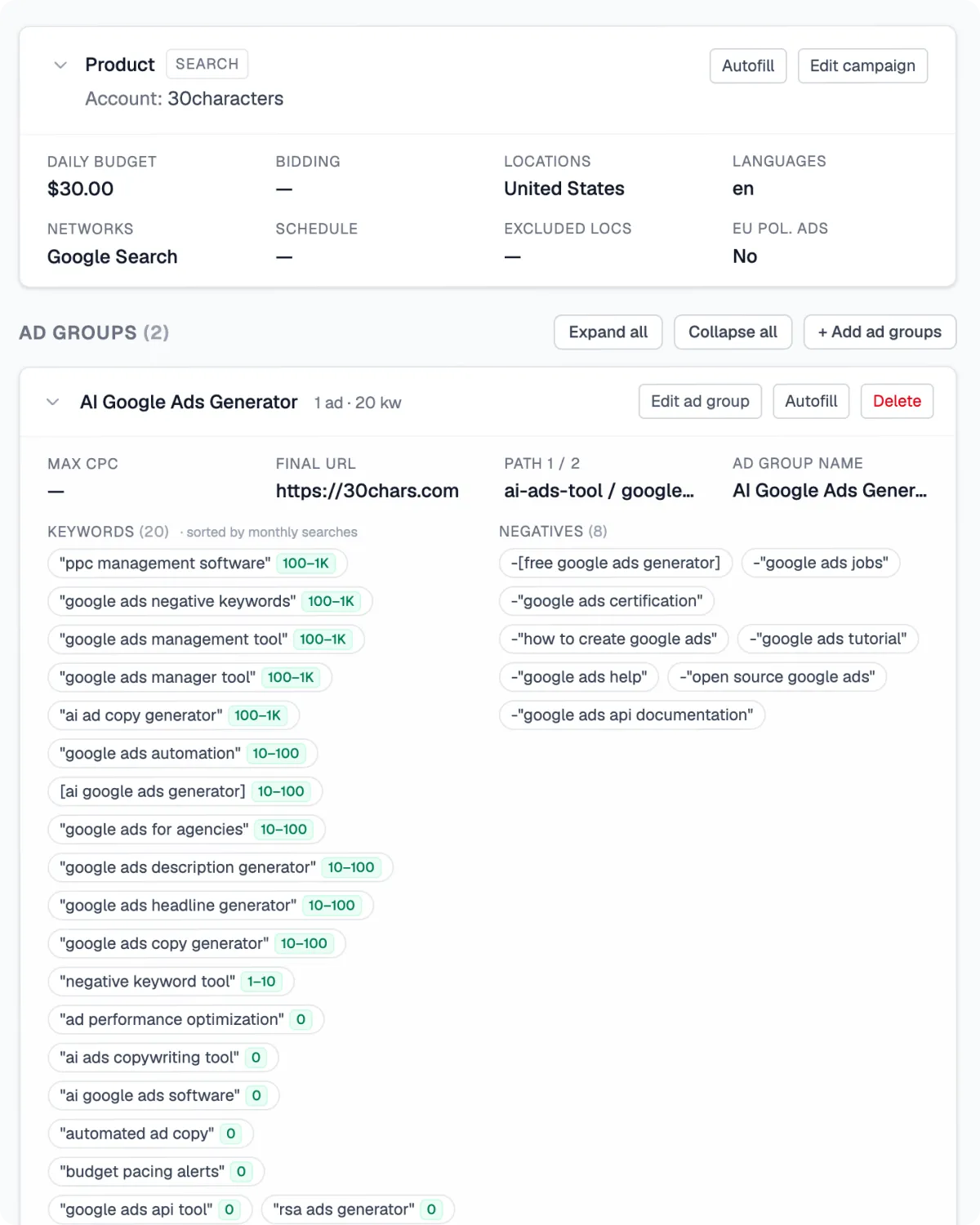 Review and fine-tune the generated ad group keywords, headlines, and paths before exporting to Google Ads Editor