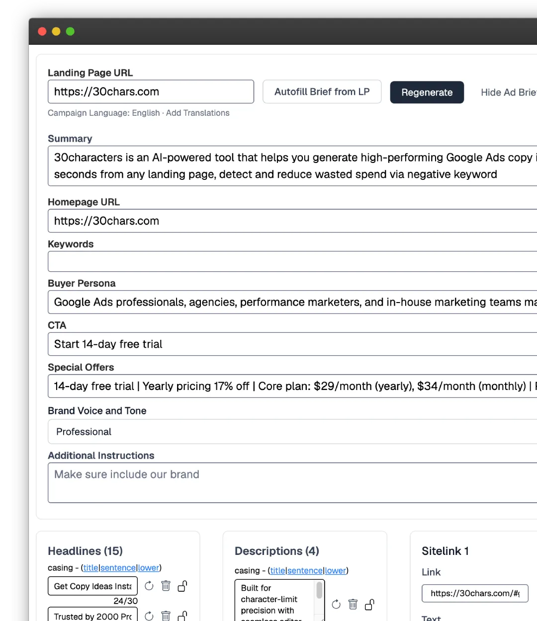 The 30characters AI ad generator producing headlines and descriptions