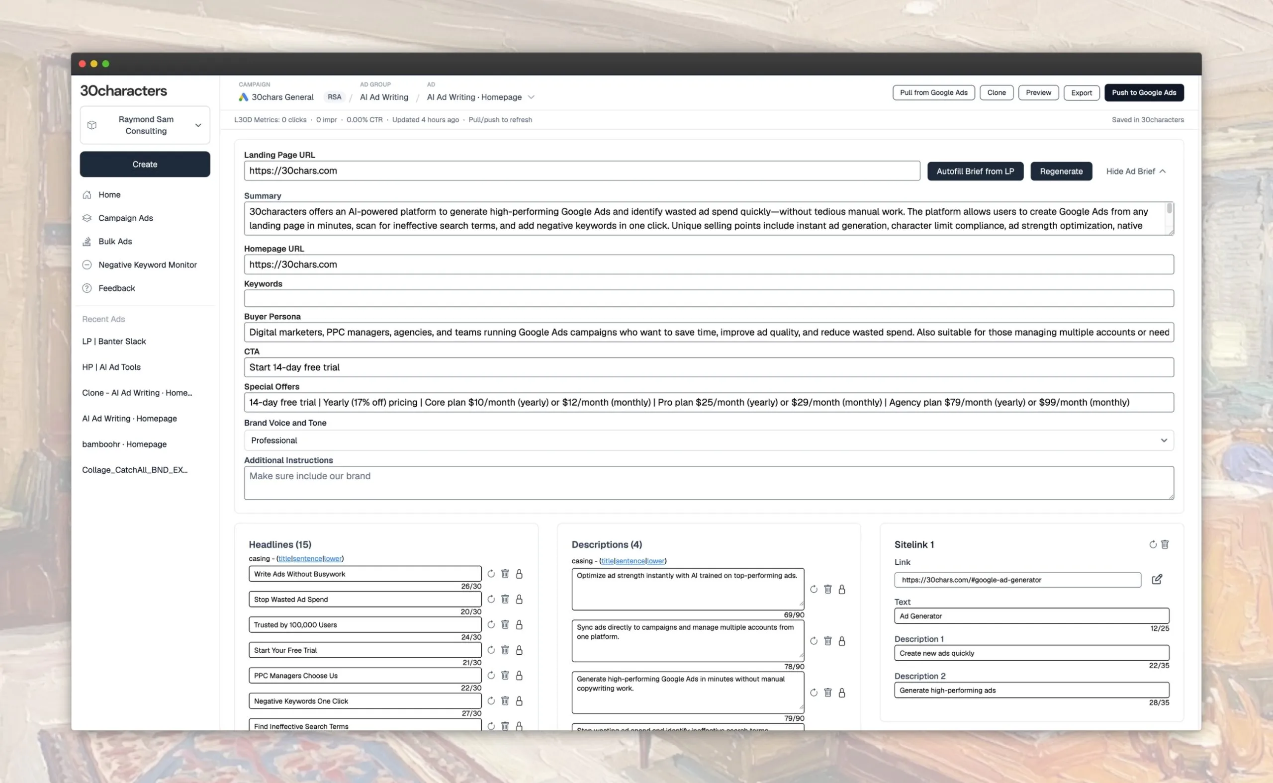 The 30characters dashboard generating Google Ads copy from a landing page URL