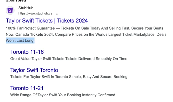 StubHub Ad: Taylor Swift Tickets | Tickets 2024. Won’t Last Long.