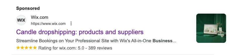 Wix Ad: Candle dropshipping: product and suppliers