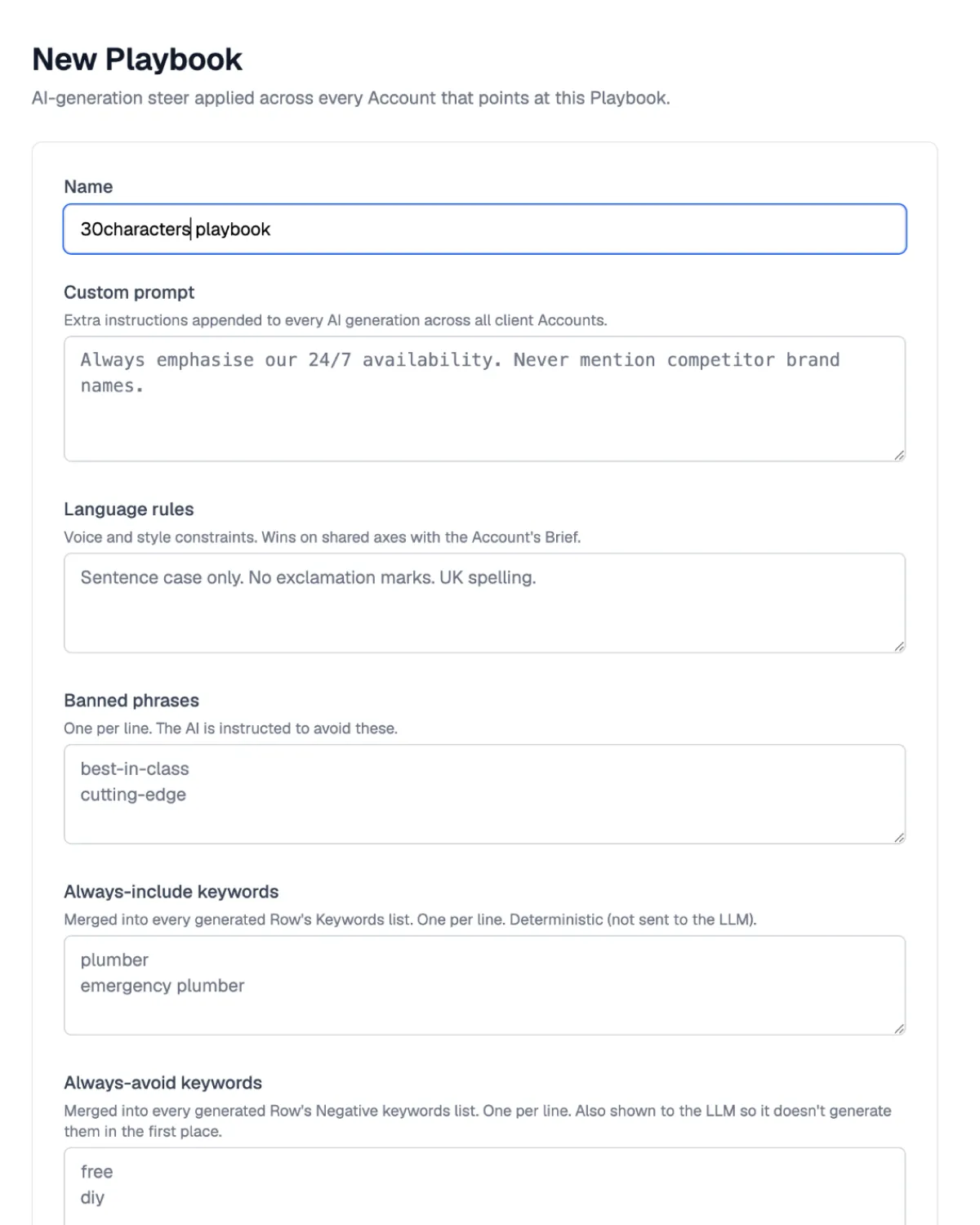 New Playbook form: language rules, banned phrases, and keyword strategy applied across every account