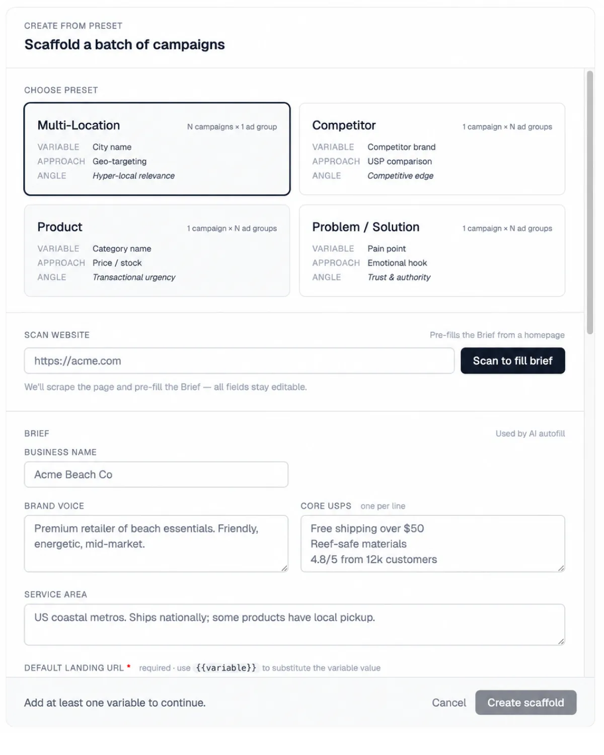 Create from preset: scaffold a batch of campaigns