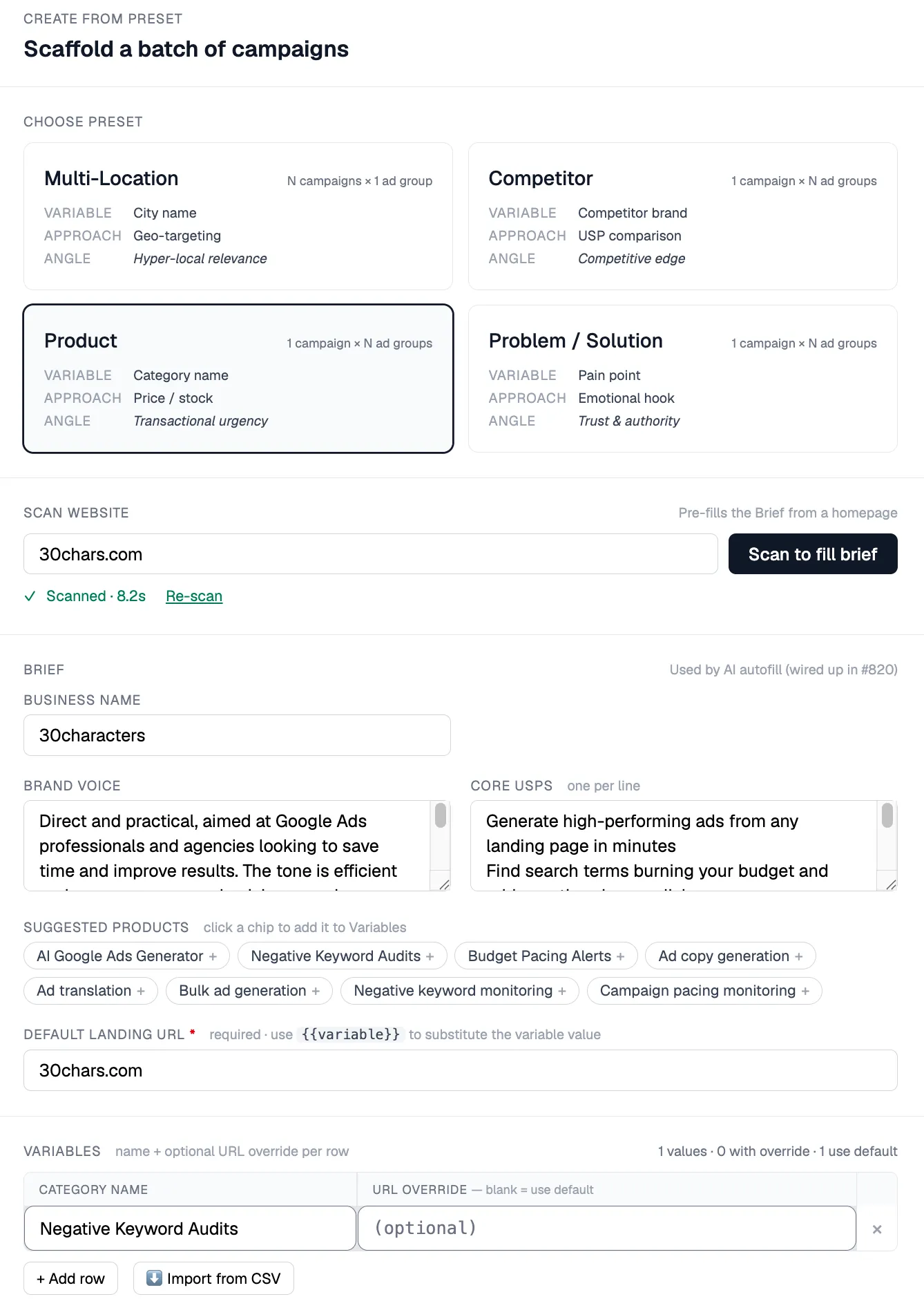 Create from preset — scaffold a batch of campaigns