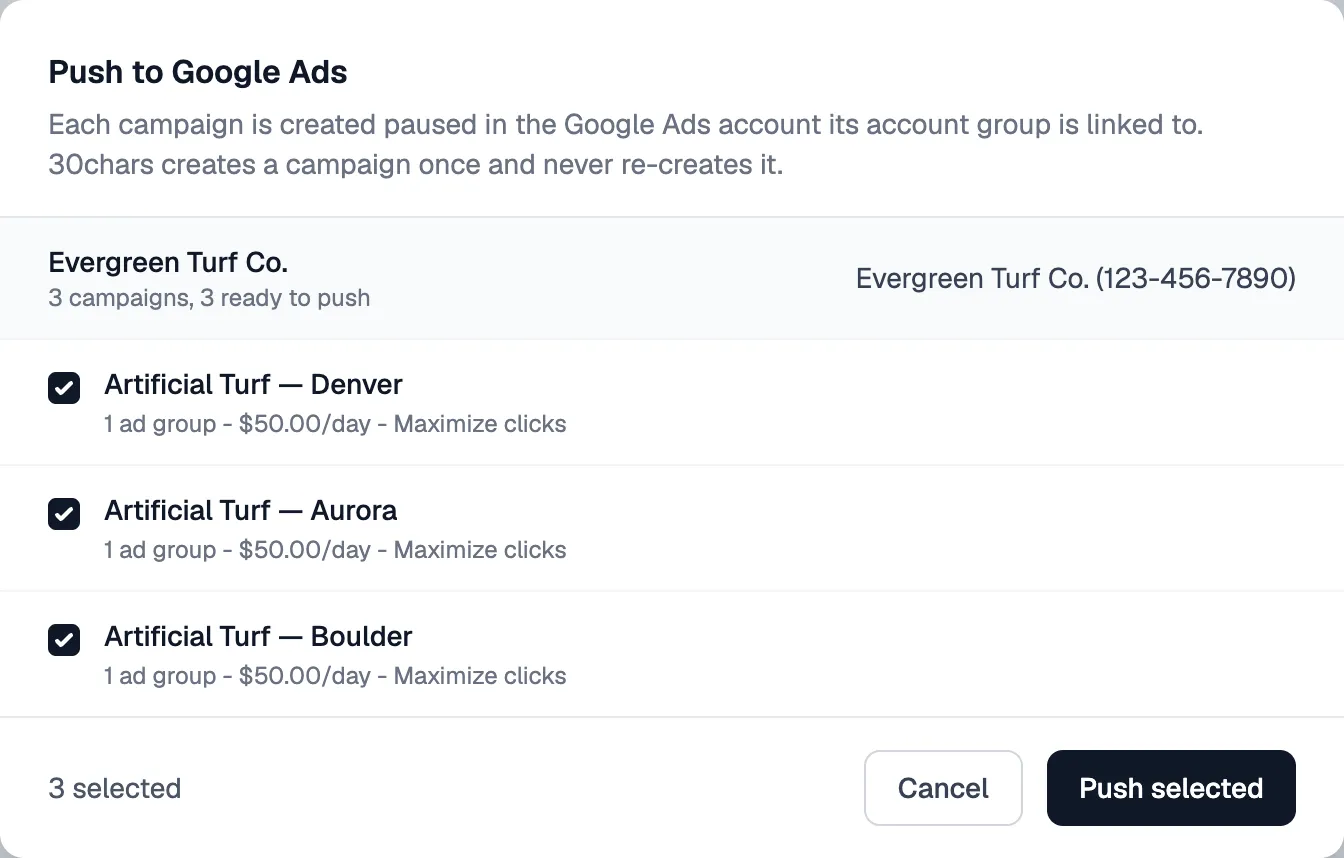 The Push to Google Ads dialog with three campaigns selected