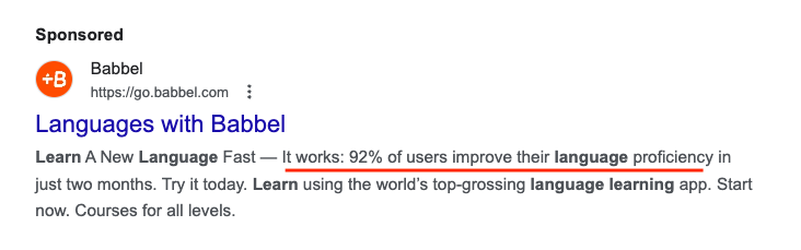 Babbel Google Ad: Languages with Babbel. Learn A New Language Fast - It Works: 92% of users improve their language proficiency. 