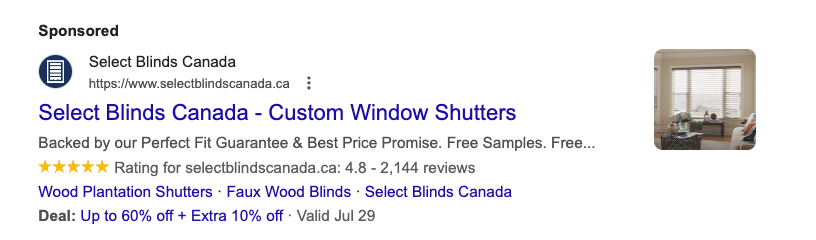 Select Blinds Canada Google Ad: Select Blinds Canada - Custom Window Shutters