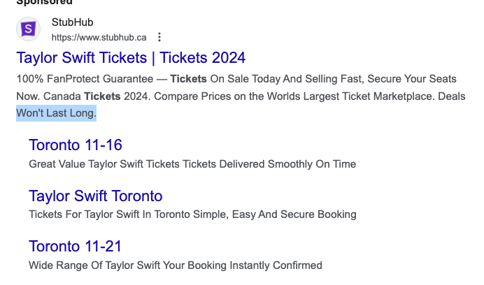 StubHub Ad: Taylor Swift Tickets | Tickets 2024. Won't Last Long.