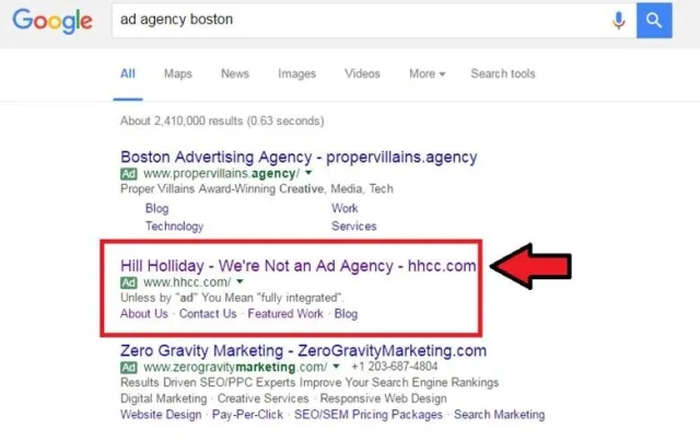 hhcc.com Google Ad: Hill Holiday - We're Not an Ad Agency.