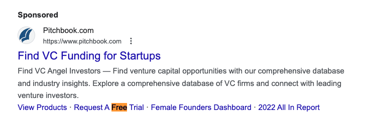 Pitchbook Google Ad: Find VC Funding for Startups - Request A Free Trial