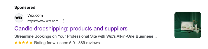 Wix Ad: Candle dropshipping: product and suppliers