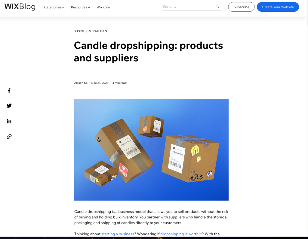 Wix blog post: Candle dropshipping: products and suppliers