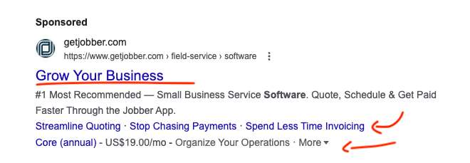 An example Google Ad from Jobber showing site extensions.