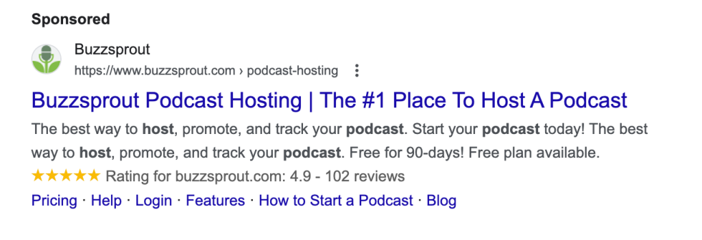 Sponsored
Buzzsprout
https://www.buzzsprout.com › podcast-hosting
Buzzsprout Podcast Hosting | The #1 Place To Host A Podcast
The best way to host, promote, and track your podcast. Start your podcast today! The best
way to host, promote, and track your podcast. Free for 90-days! Free plan available.
**
* * Rating for buzzsprout.com: 4.9 - 102 reviews
Pricing • Help • Login • Features • How to Start a Podcast • Blog