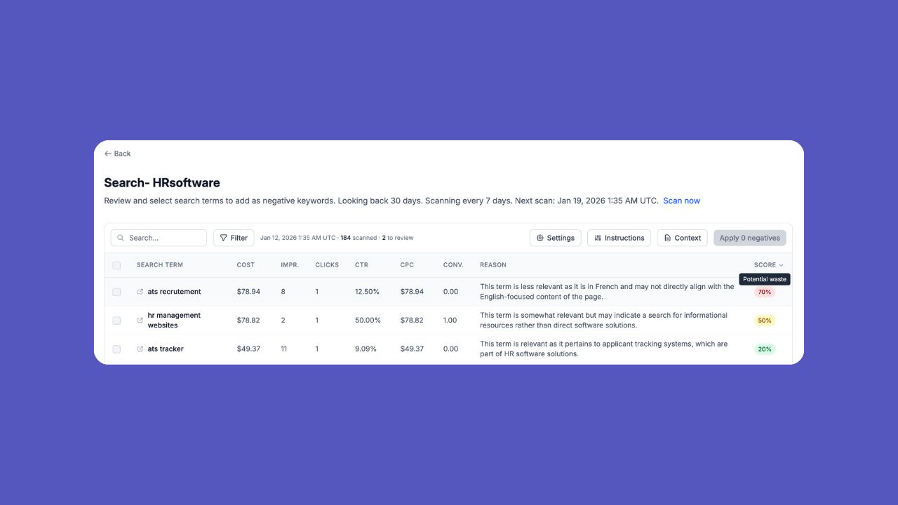 30characters Negative Keyword Monitor Tool