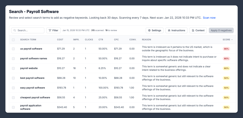 Screenshot of 30characters Negative Keyword Tool