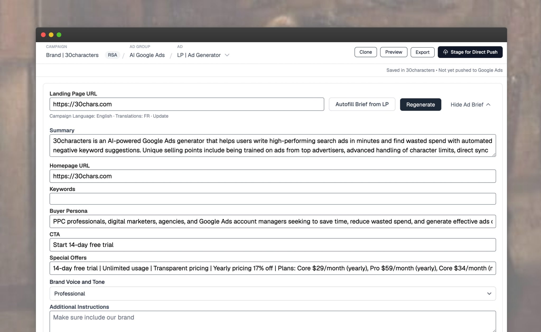 30characters Ad Generator
