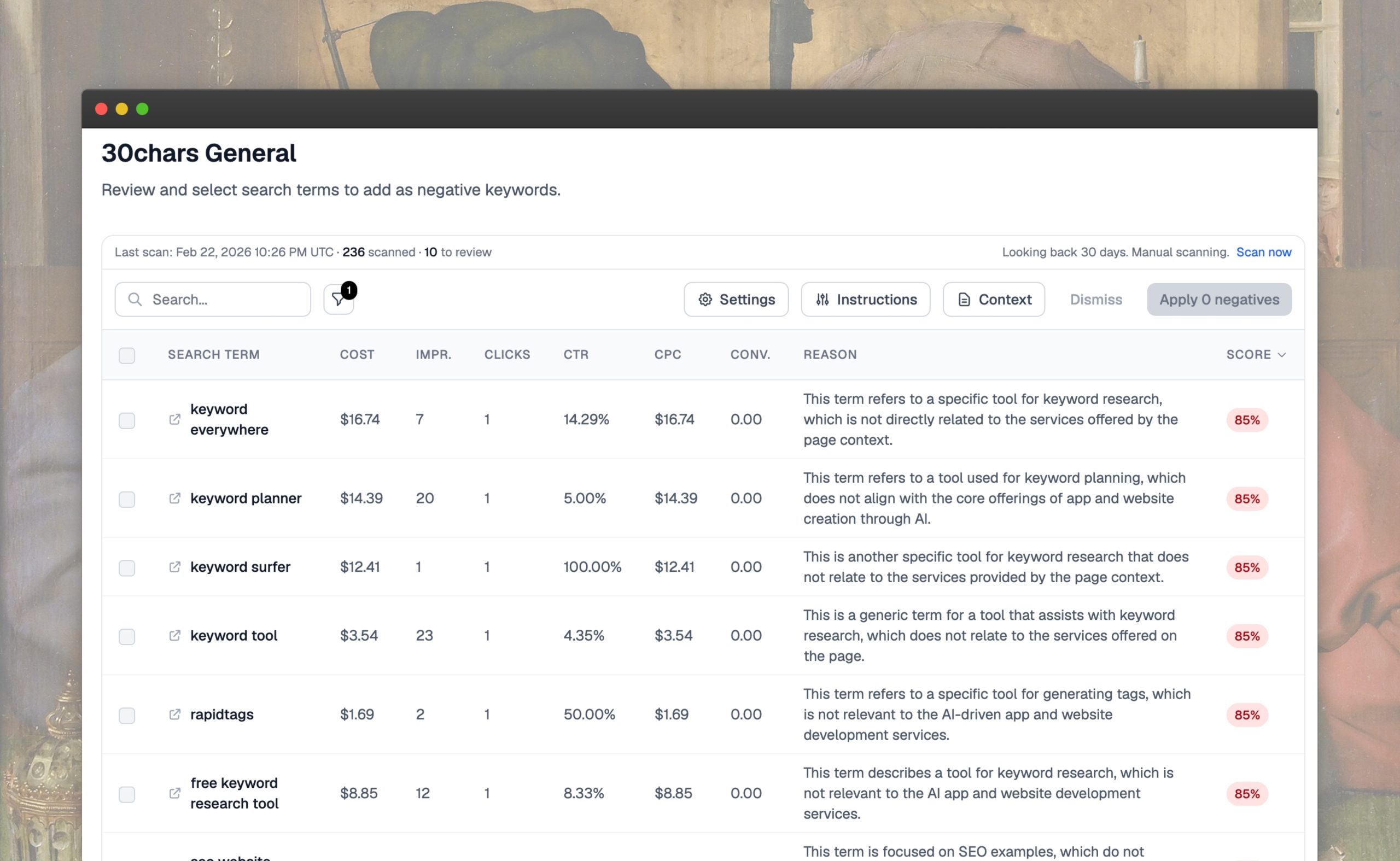 30characters Negative Keywords tool